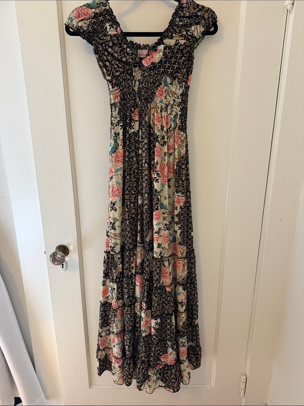 CIENNA DESIGNS Naomi Mixed Floral Bird Patchwork Boho Smocked Maxi Dress Small